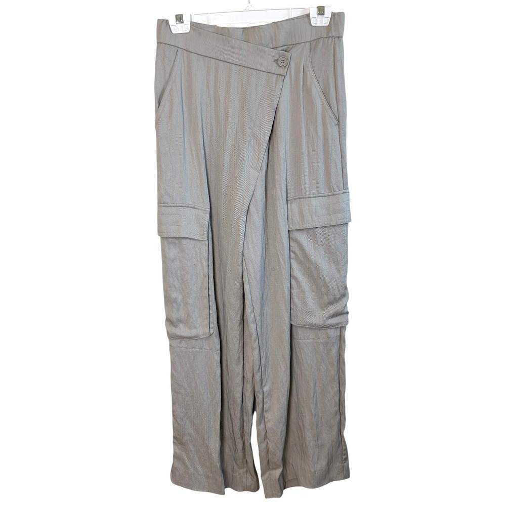 Zara Asymmetrical Wrap Front Wide Leg Cargo Pants Taupe High Rise Trousers